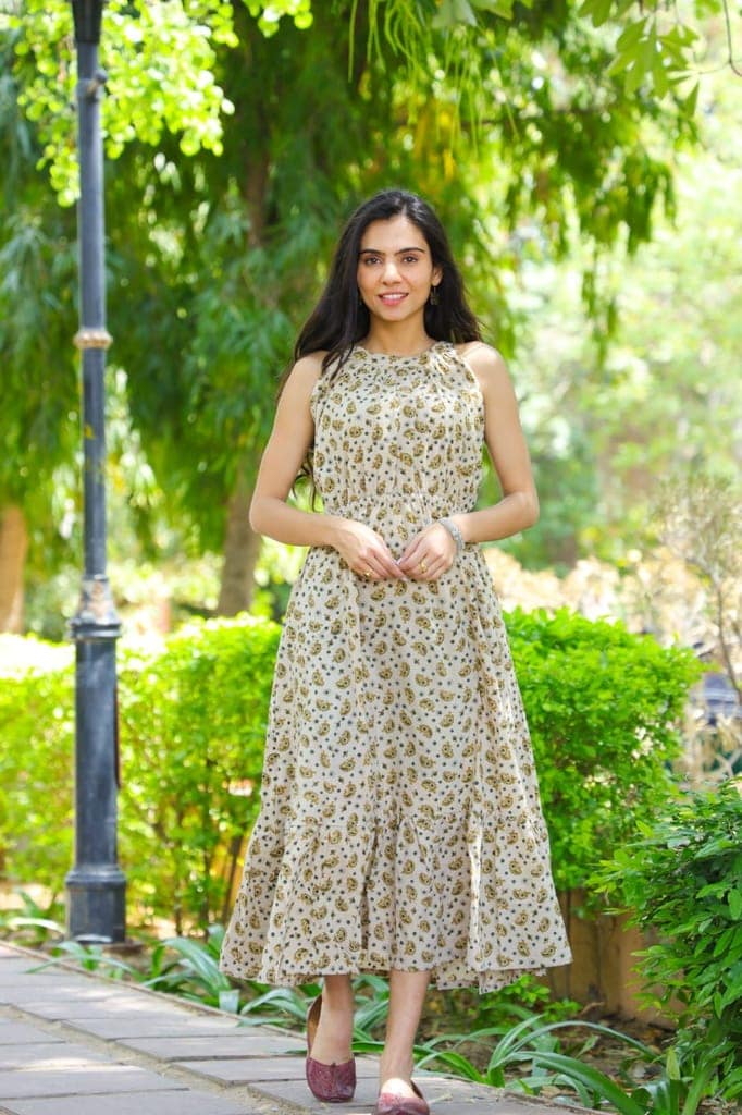 Pure Cotton Halter Neck Midi Beige Dress Hand Block Printed (Size: 38-46)-3092