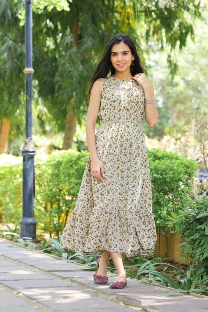 Pure Cotton Halter Neck Midi Beige Dress Hand Block Printed (Size: 38-46)-3092 view 2