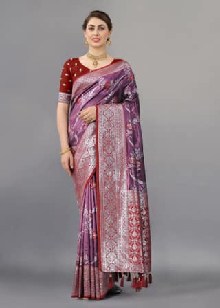Yavira silk Women's Purple Handwoven Silk Blend Saree