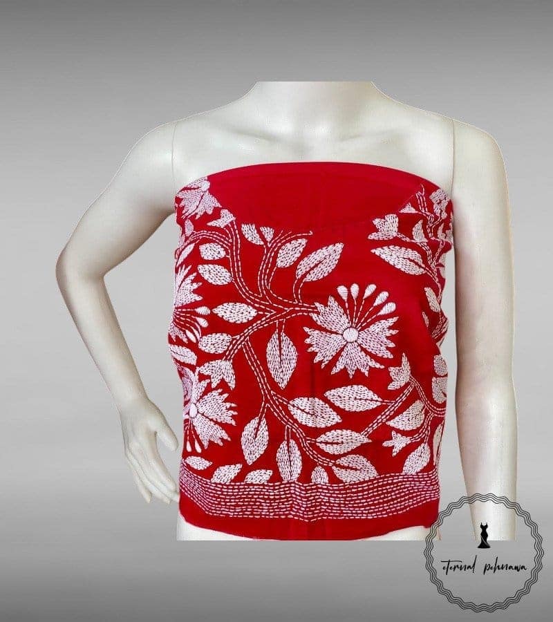 Red Bengal Kantha Hand Embroidered Blouse Piece for Sarees