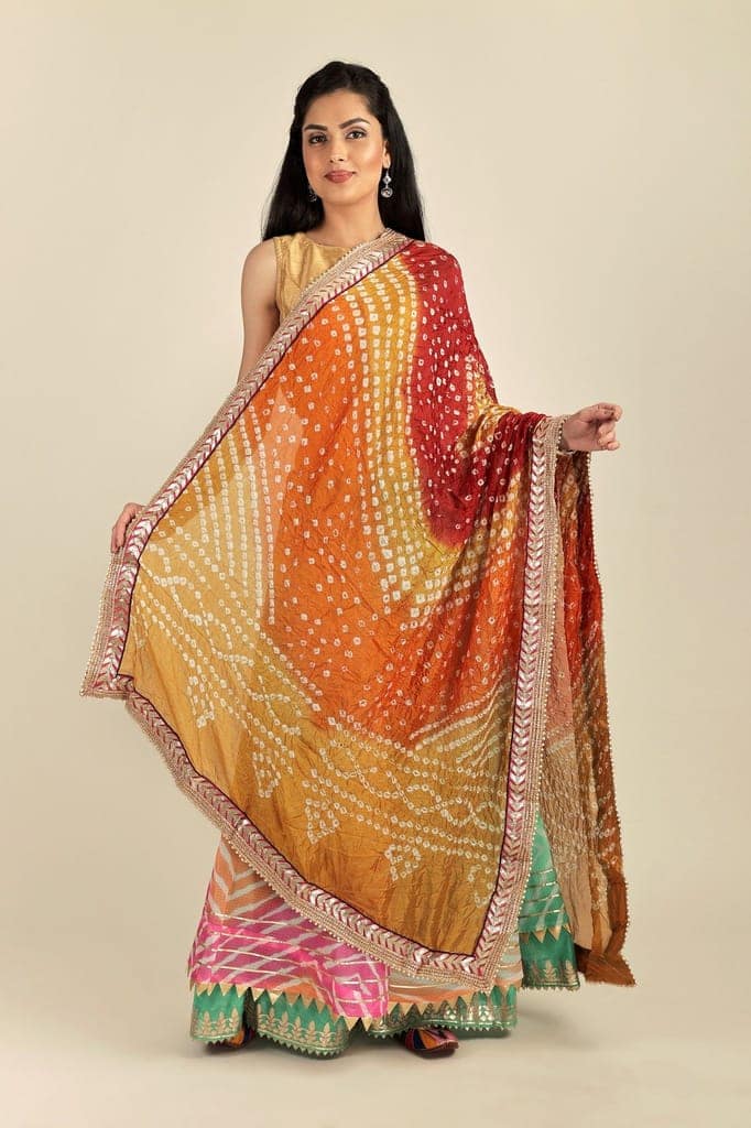 Orangeade Multi-coloured Tie-Dye Bandhani Dupatta From Gujarat with Zari Patch Border and Beadwork view 3
