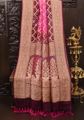 Pink and Maroon Gelato Ombre Authentic Hand Bandhej Banarasi Silk Georgette Saree in zari jaal pattern| SILK MARKED CERTIFIED