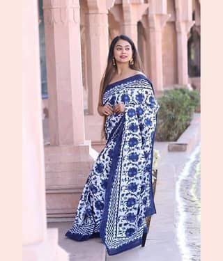 PINKCITY TRADE WORLD Cotton Printed Saree With Unstitched Blouse Piece ( Blue )