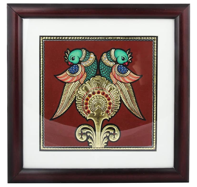 Poompuhar Double Parrot Gold Foil Work Tanjore Painting (THDC_098, Multicolour, 10 inch x 0.5 inch x 10 inch)