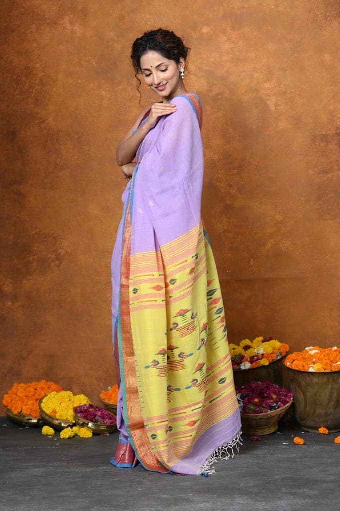 Jijamata Border Pure Cotton Paithani Saree With Traditional Double Pallu ~ Serene Pink view 2