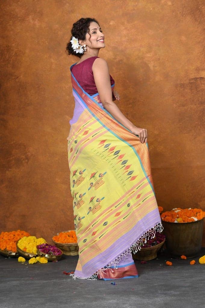 Jijamata Border Pure Cotton Paithani Saree With Traditional Double Pallu ~ Serene Pink view 4