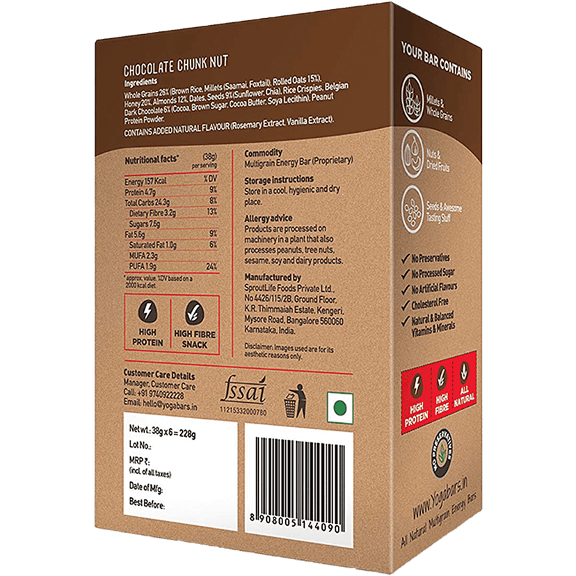 Yoga Bar Multigrain Energy Bar - Chocolate Chunk Nut, Healthy, High In Protein & Fibre, 38 G (Pack Of 10) view 2