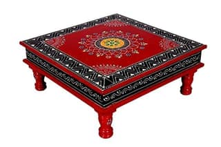 Wood To Cart® Pooja Bajot Stool/Pooja Decor/Painted Chowki/Painted Patla/Chowki for Daily Prayer/Sitting Chowki for All Purpose(Red-12x12x6 inches)