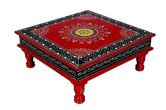 Wood To Cart® Pooja Bajot Stool/Pooja Decor/Painted Chowki/Painted Patla/Chowki for Daily Prayer/Sitting Chowki for All Purpose(Red-12x12x6 inches)