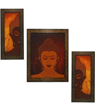 Indianara Buddha Face Set of 3 Synthetic Painting With Frame