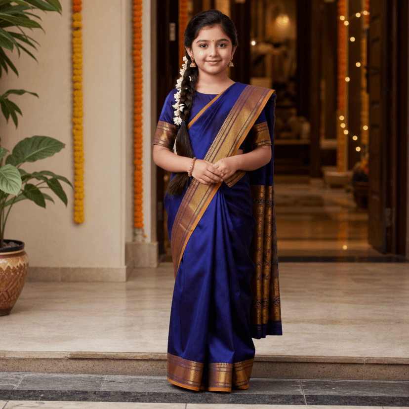 Mom and Me Girls Ready-to-Wear Silk Saree with Zari Border view 3
