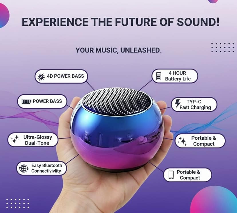 Mini Boom Bluetooth Speaker – Deep Bass | Type-C Fast Charging | Powerful Sound in Small Size view 3