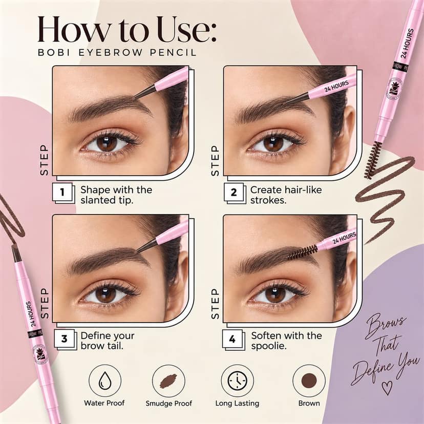 BOBI Eyebrow Pencil Brown | Waterproof Smudgeproof Finish | Built-In Spoolie Brush | Long Lasting Smooth Texture | Paraben-Free Cruelty-Free | Precision Brow Definer-5gm view 3