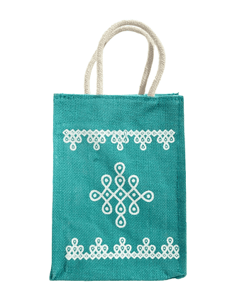 Teal Jute Tote Bag with White Design - Eco-Friendly & Stylish