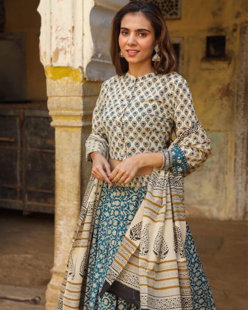 Handblock Printed Cotton Lehanga And Top With Mulmul Dupatta (Size 34-46) Beige Color-7337