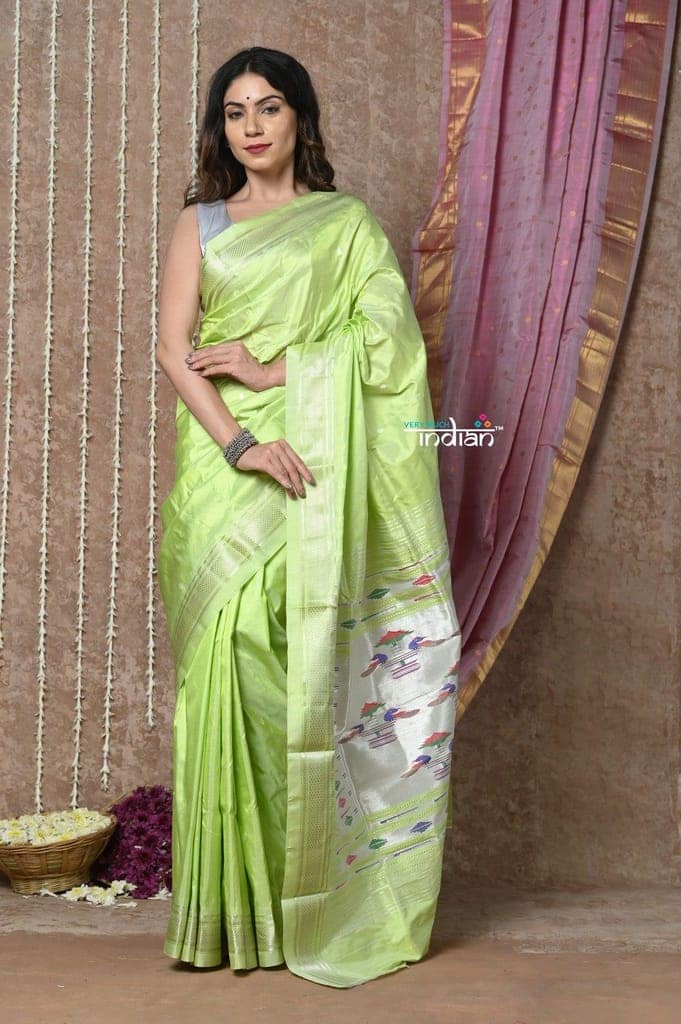 Tyohaar ~ Exclusive! Handloom Pure Silk Paithani in with Most Traditional Double Pallu ~ Sealoam Green (By Government Certified Weavers) view 3