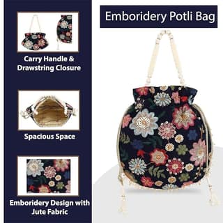 Embroidered Potli Bag with Carry Handle and Drawstring Closure, Spacious Space, and Jute Fabric