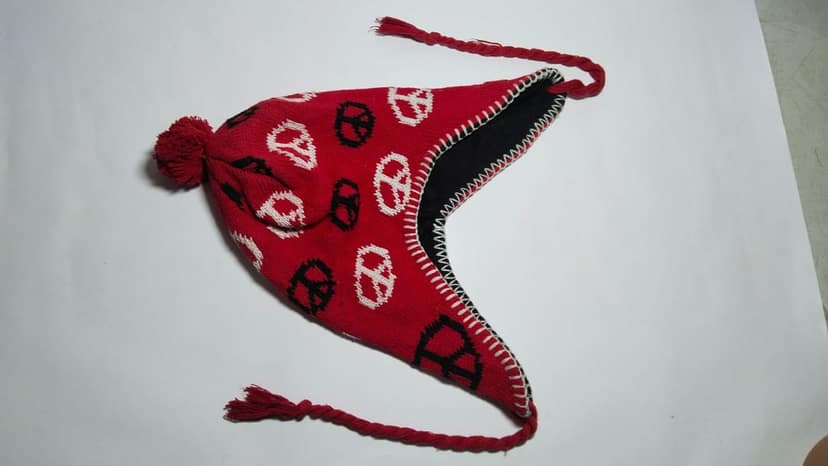 Unisex Red and White Peace Sign Winter Hat with Ear Flaps view 2