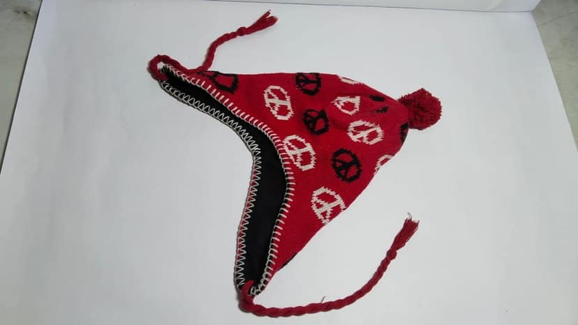 Unisex Red and White Peace Sign Winter Hat with Ear Flaps view 3