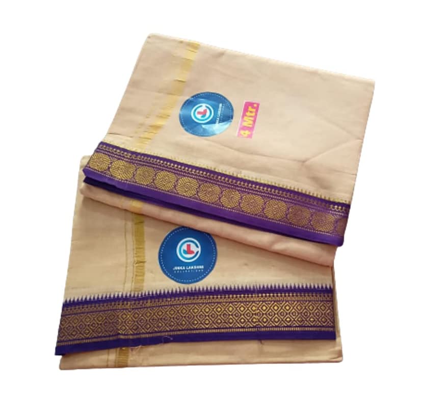 Jinka Lakshmi Collections 100% Handloom Cotton Biege Color Dhoti With Zari Border Up and Down 4 Meters Unstitched Pack of 2 (Multicolor-06) view 2