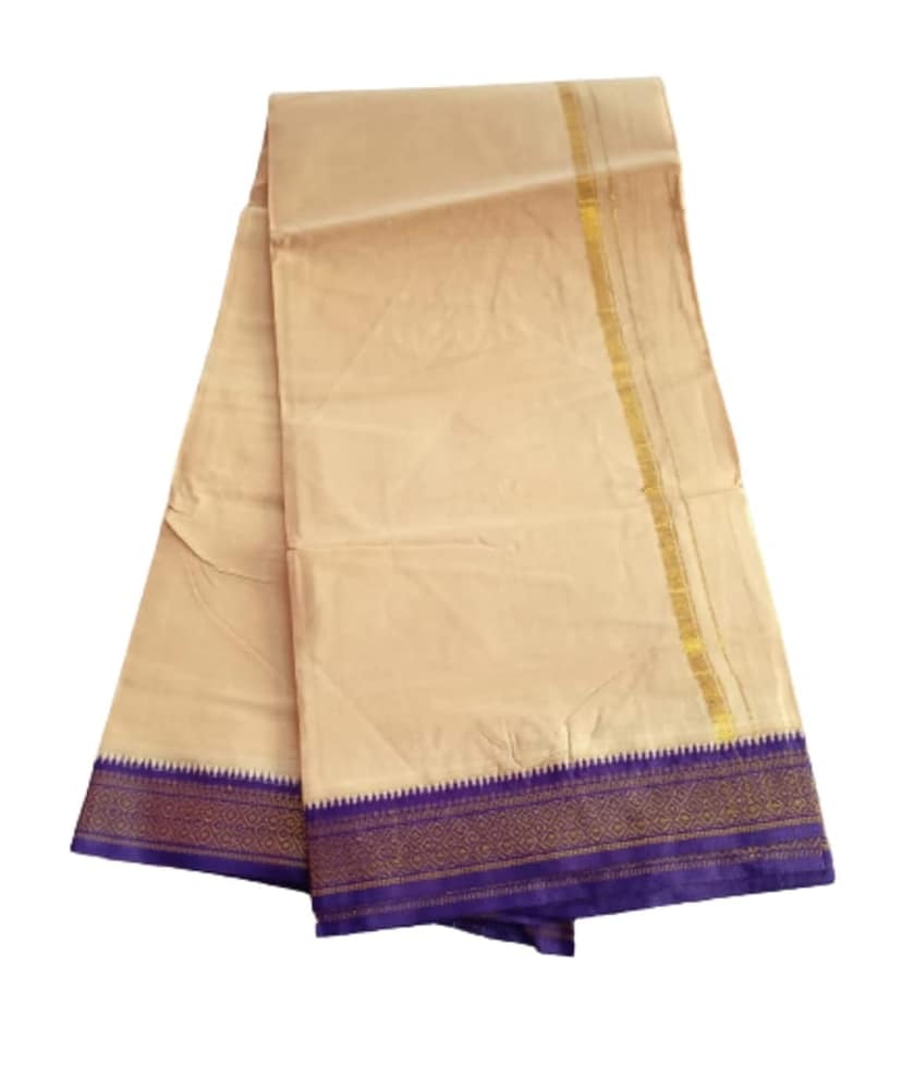 Jinka Lakshmi Collections 100% Handloom Cotton Biege Color Dhoti With Zari Border Up and Down 4 Meters Unstitched Pack of 2 (Multicolor-06) view 6