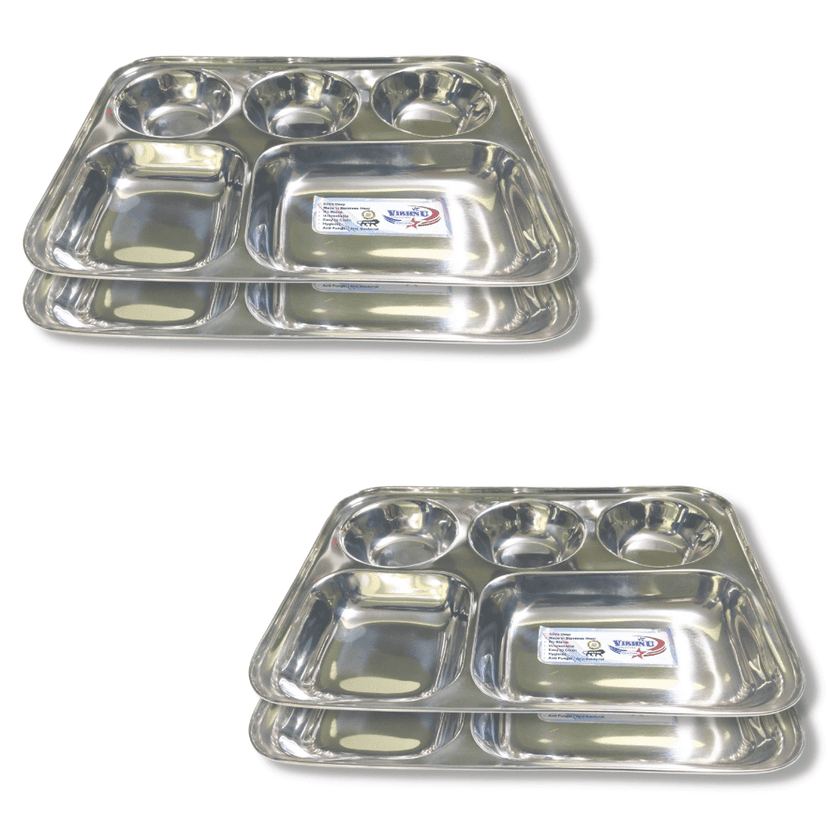 SHINI LIFESTYLE Bhojan Thal, 5 column, Stainless Steel Plate for dining, Super Premium Quality Dinner Plate (Pack of 4)