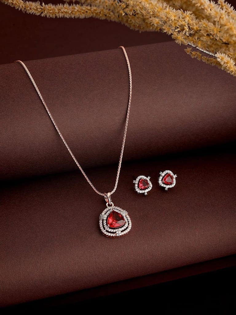 Rose Gold Plated Ruby Red AD Studded Triangular Pendant Jewellery Set view 2