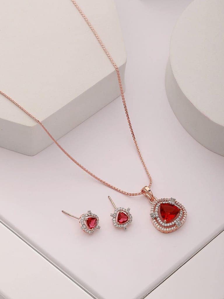 Rose Gold Plated Ruby Red AD Studded Triangular Pendant Jewellery Set view 3