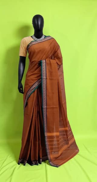 Handwoven Kanchipuram Cotton-Silk Saree in Rust Brown with Golden Border