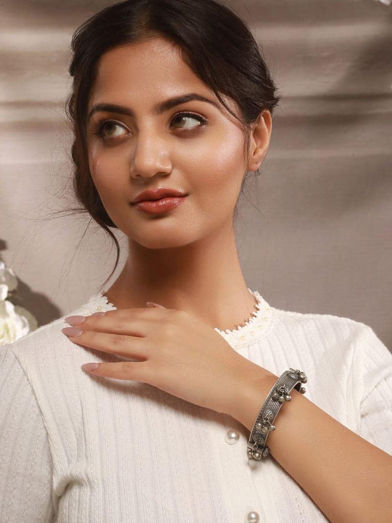 Silver Oxidised Tribal Boho Statement Ghungroo Kada Bangle Bracelet view 3