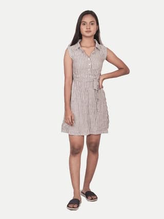 Teen Girls White Striped Shirt-dress with Waist-belt