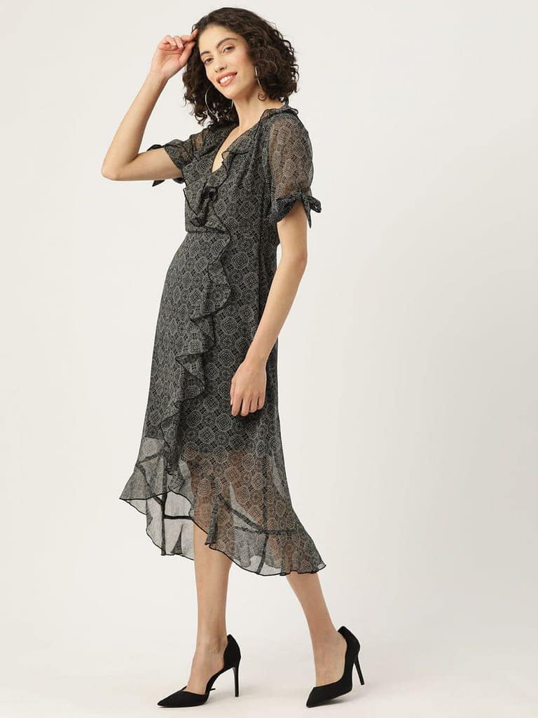 Ethnic Motifs Printed Puff Sleeve Ruffled Chiffon A-Line Midi Dress view 3