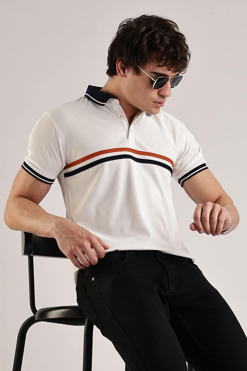 Polyester White Striped Polo view 4