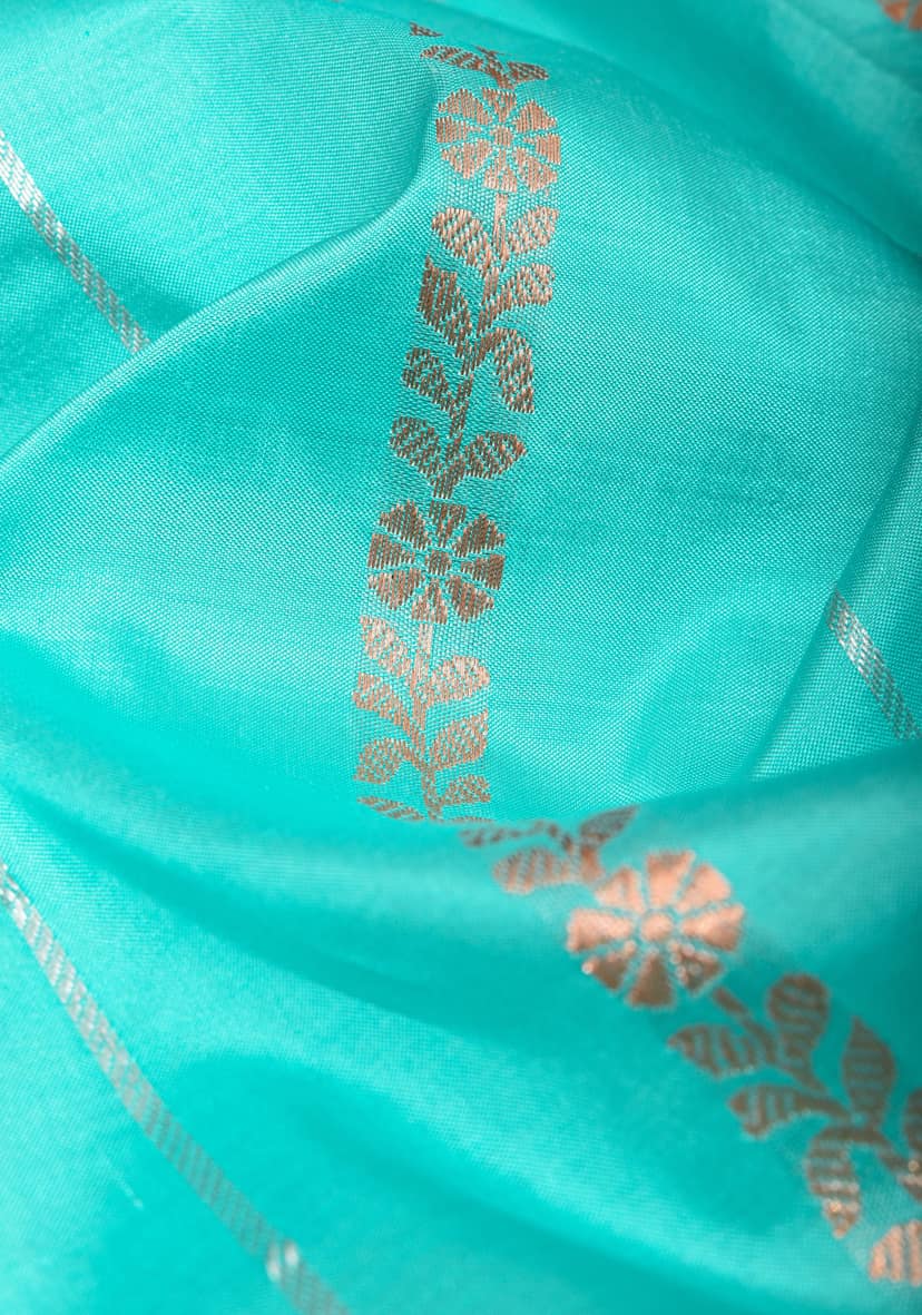 Cyan Stunning Pure Katan Silk Banarasi Saree with zari stripes and zari Border| SILK MARK CERTIFIED view 4