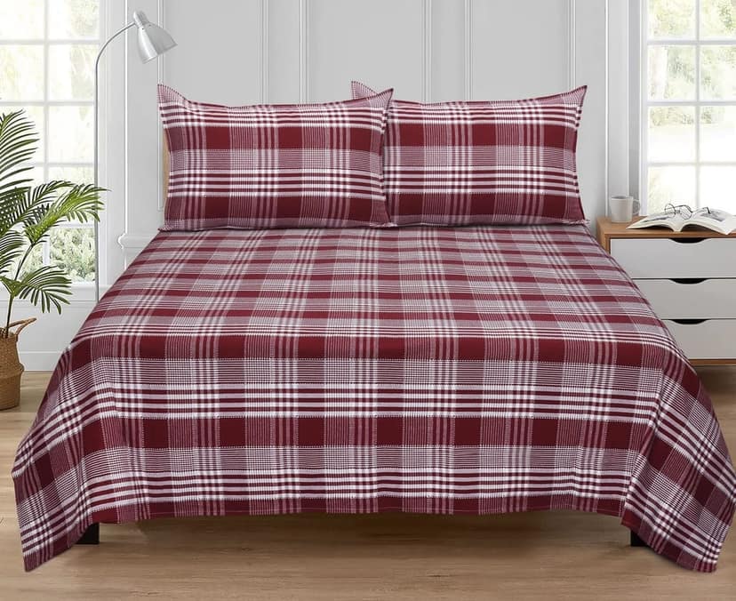 AIRWILL, 200GSM Handloom Cotton Double Bedsheet with 2 Pillow Covers, Track Dobby Checks Designer Weaved Maroon and White Combo - Pack of 3 pcs