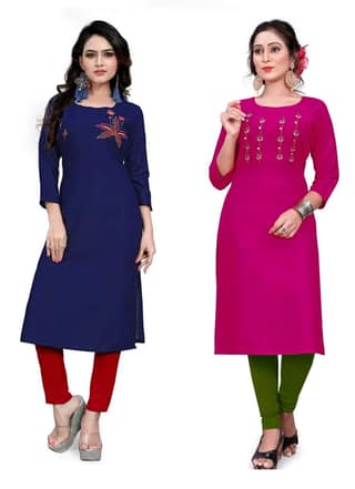 STYLEOO Rayon Combo Pack Embroidered Kurti for Women's (Pack of 2) (Blue and Pink, M, L, XL, XXL)