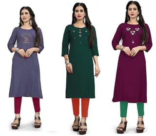 STYLEOO Rayon Straight Designer Kurtis Combo Pack for Women and Girls Pack of 3, GREY, GREEN & WINE ( M, L, XL, 2XL)