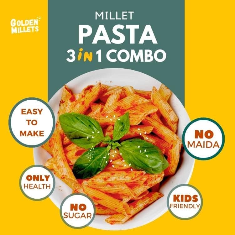 Golden Millets High fibre Pasta Combo | No Maida | Kids Friendly Pasta | Foxtail Millet Pasta | Little Millet Pasta | Barnyard Millet Pasta | Penne Pasta With Tastemaker Pack of 3,450g view 5