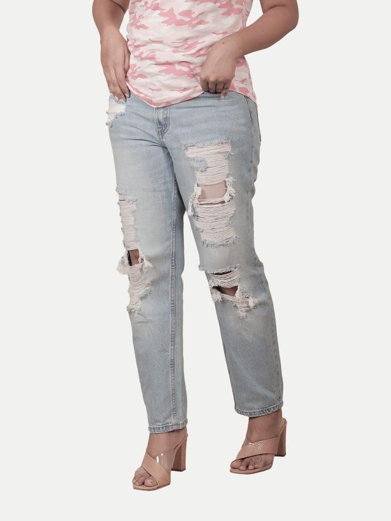Women Light Blue Heavy Torned Fashionable Denim Pants view 4