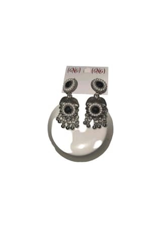 Oxidized Silver Pearl Beaded Jhumka Earrings with Black Stone