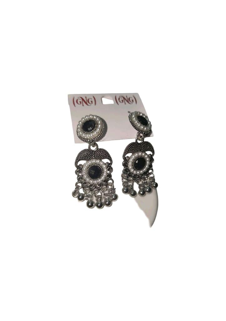Oxidized Silver Pearl Beaded Jhumka Earrings with Black Stone view 3