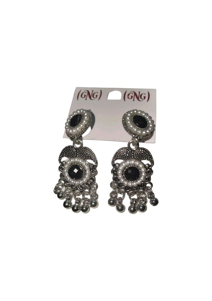 Oxidized Silver Pearl Beaded Jhumka Earrings with Black Stone view 4