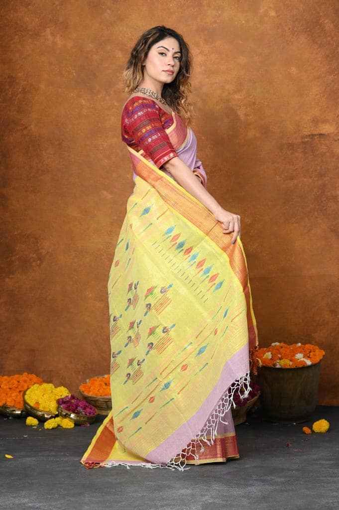 Jijamata Border Pure Cotton Paithani Saree With Traditional Double Pallu ~ Serene Orange view 2