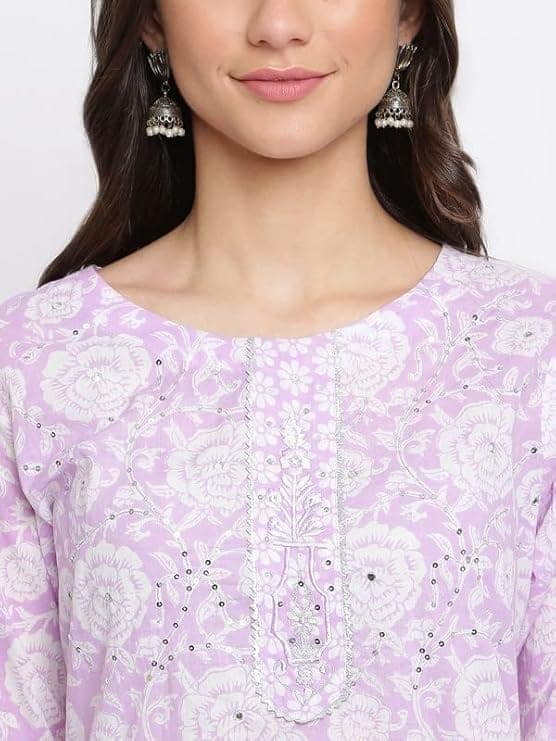INDIAN KNOTS-Women lavender and white Printed Pure Cotton Kurta with Palazzos & Dupatta_1101-DG005301 view 7