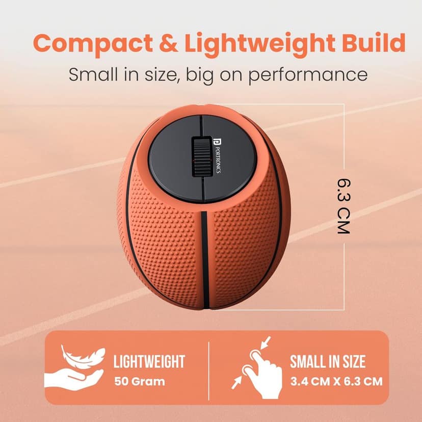 Portronics ToadPlay Basketball Mini Wireless Bluetooth Mouse with Dual Wireless Connectivity (BT + 2.4 GHz), Rechargeable Battery, Noise-Free Clicking, Multi-Device Pair, Adjust Sensitivity (Brown) view 3