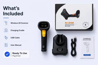 MJ-2818B 2D Wireless Barcode Scanner with Cradle – USB, Reads QR Code, 1D & 2D Barcodes | 1 Year Warranty