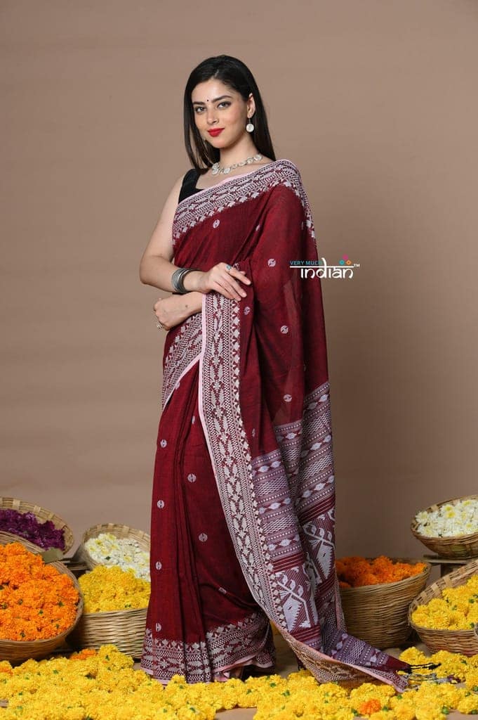 Rajsi ~ Handloom Pure Cotton Saree with Hand-embroidered Symmetric Border~ Maroon view 2