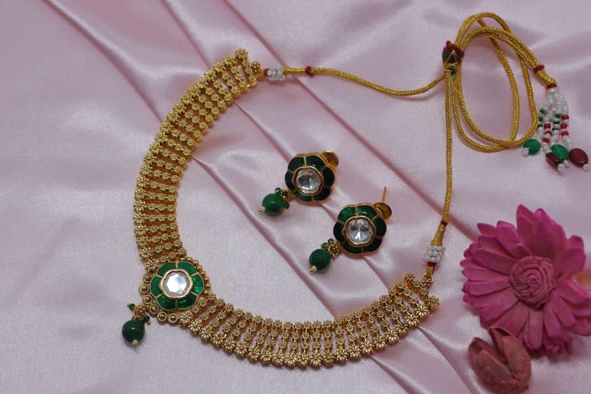 Ethnic Gold Plated Choker Necklace with Green Stone & Beads view 3