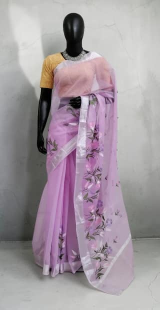 Lavender Kota Doria Saree with Zari Border and Block-Printed Floral Motifs