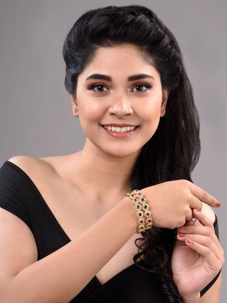 Set of 2 Gold Toned Multi Coloured AD studded Handcrafted Bridal kangan Bangles view 2